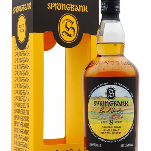 Whisky Springbank 8 ans Local Barley 2024 dans sa bouteille, présentée avec son emballage noir et jaune.