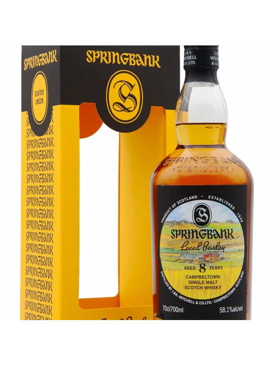 springbank-8-ans-local-barley-581 Whisky Springbank 8 ans Local Barley 2024 dans sa bouteille, présentée avec son emballage noir et jaune.