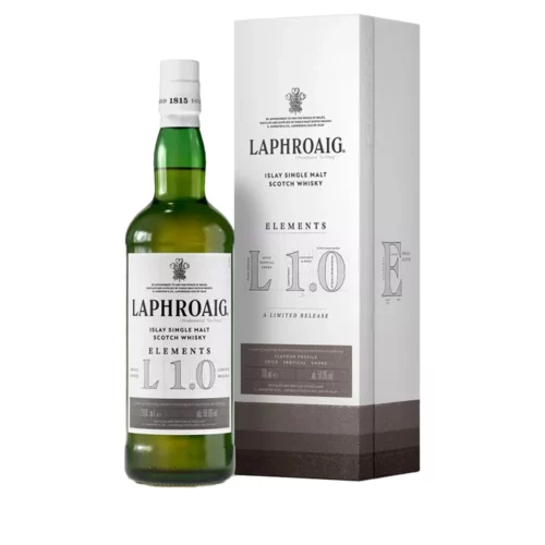 Whisky Laphroaig Elements L 1.0 70cl bouteille verte avec boîte blanche élégante, étiquette détaillée.