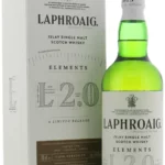 Whisky Laphroaig Elements L 2.0 70cl en bouteille verte avec boîte blanche, étiquette détaillée mentionnant Elements et L 2.0, style whisky single malt écossais.