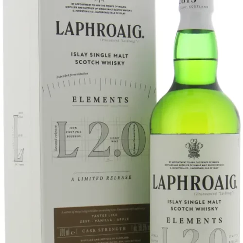 Whisky Laphroaig Elements L 2.0 70cl en bouteille verte avec boîte blanche, étiquette détaillée mentionnant Elements et L 2.0, style whisky single malt écossais.