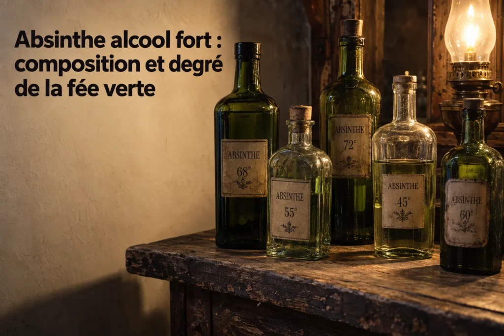 Absinthe alcool fort: composition et degré de la fée verte, bouteilles d’absinthe étiquetées 68°, 55°, 45°, 60° sur un meuble en bois près d’une lampe.