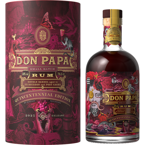 Bonne bouteille de rhum à offrir: Don Papa Quincennial Édition, rhum ambré 50% avec emballage cadeau rouge et doré.