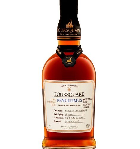Rhum Foursquare Penultimus 15 ans 70cl, bouteille ambrée avec étiquette blanche et bouchon noir gravé.