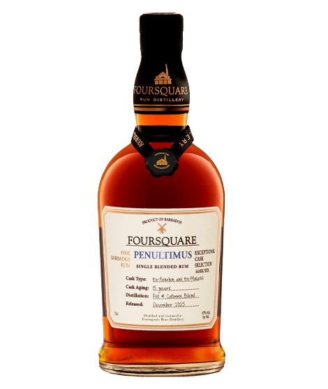 Rhum Foursquare Penultimus 15 ans 70cl, bouteille ambrée avec étiquette blanche et bouchon noir gravé.