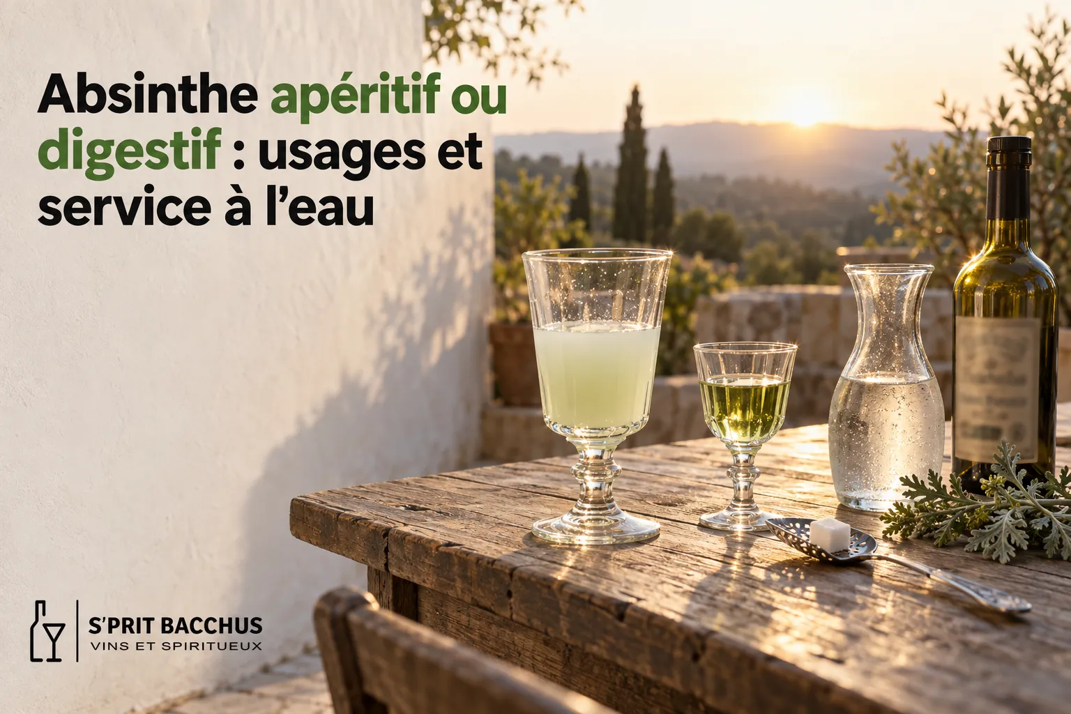 Verre à absinthe et carafe remplis d'eau et de liqueur sur une table en bois avec bouteille, en plein air.