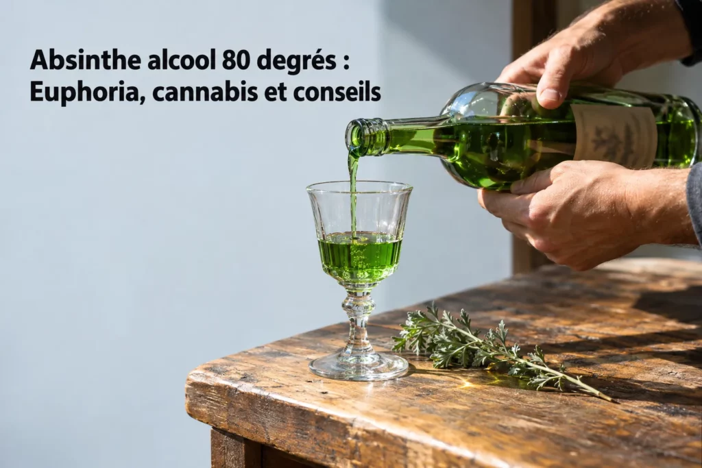 Verre à liqueur rempli de liquide vert versé par une bouteille tenue par deux mains sur une table en bois.
