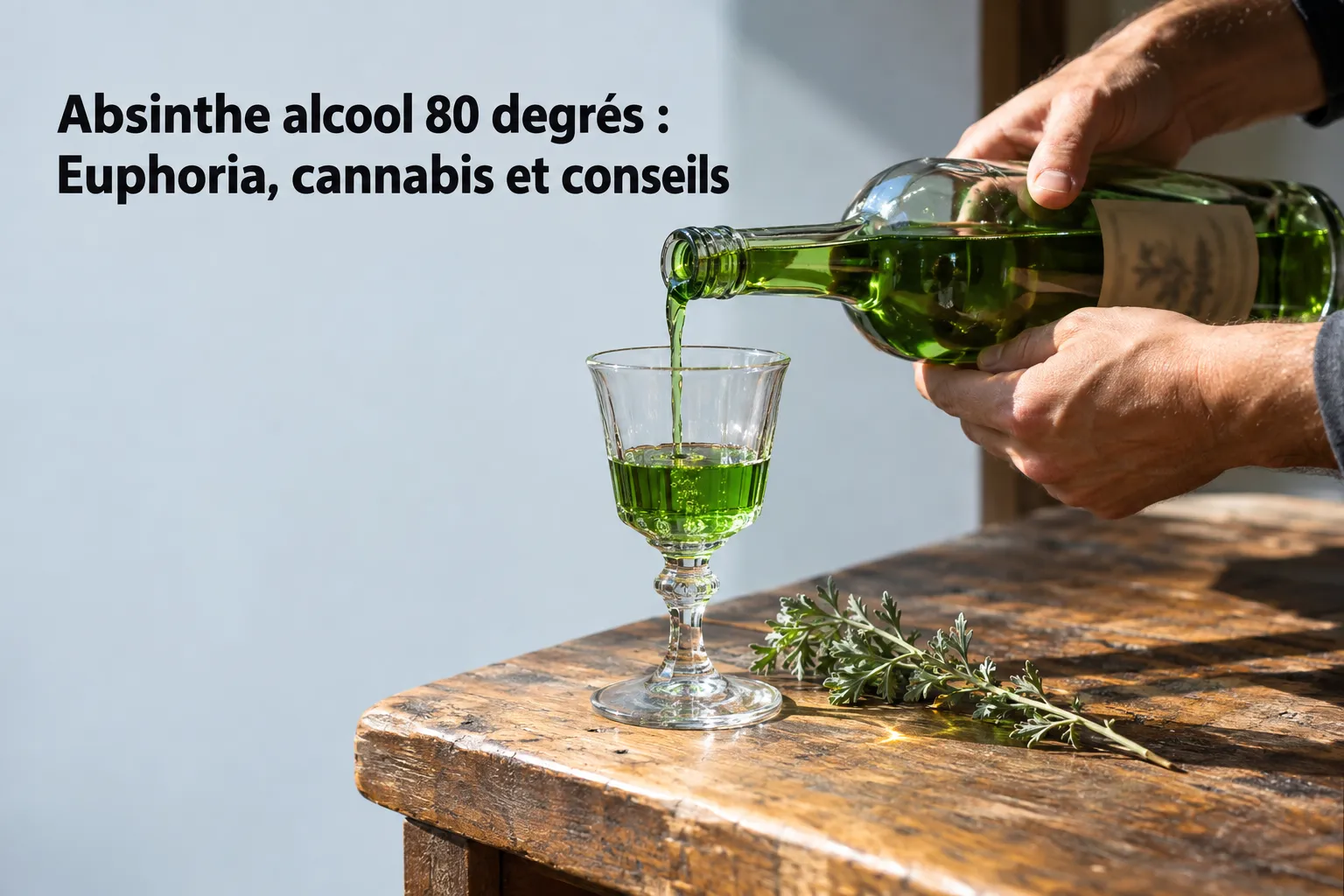Verre à liqueur rempli de liquide vert versé par une bouteille tenue par deux mains sur une table en bois.