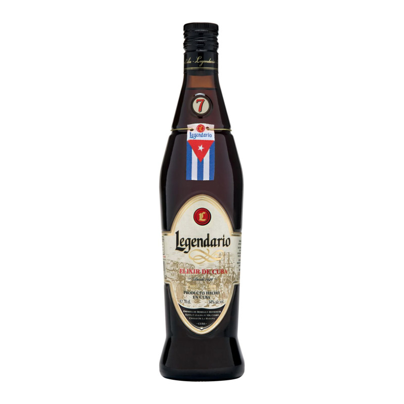 Bouteille de rhum brun Legendario LegendarioFin de Cuba, avec étiquette beige et drapeau cubain bleu et blanc sur le col.