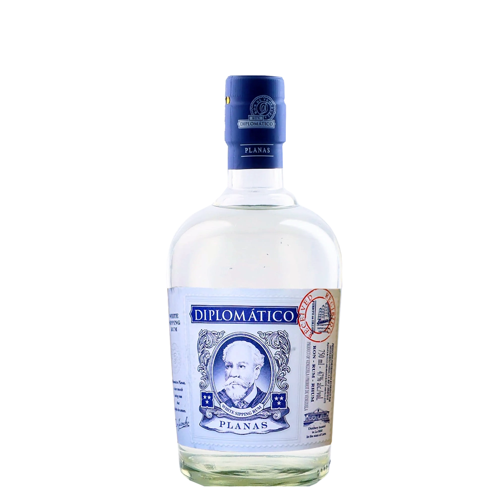 Bouteille de rhum Diplomatico Planas avec étiquette bleue et bouchon bleu.