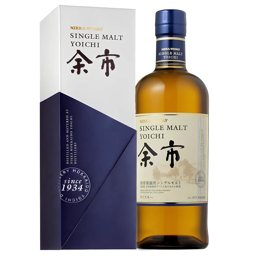 Bouteille de whisky japonais Nikka Single Malt Yoichi avec son packaging blanc et bleu assorti.